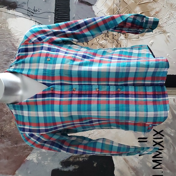 Vintage Aubergine Aqua Plaid Button Up Women 12 - Picture 2 of 9
